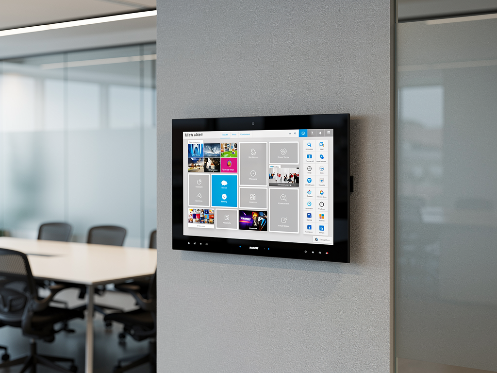 A sleek touch panel control interface mounted on a conference room wall showing a graphical representation of a video wall layout with drag-and-drop source selection options in a modern office environment