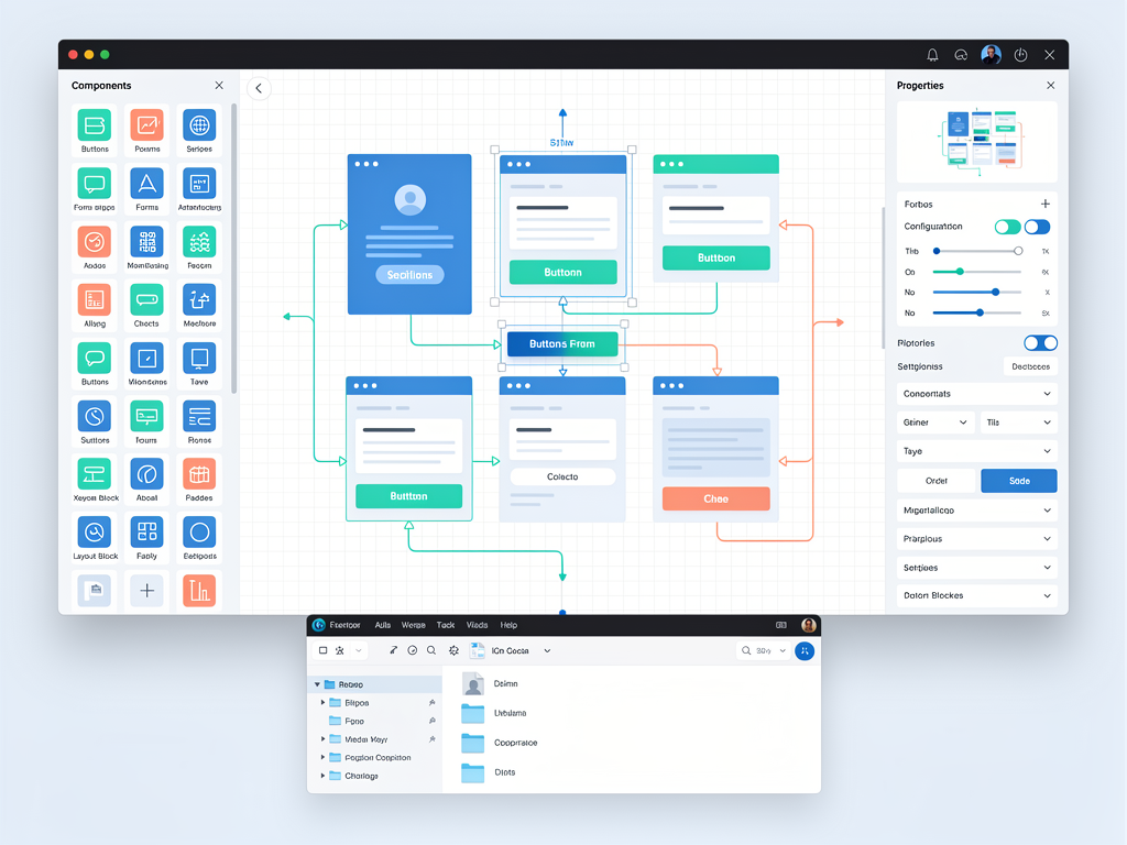 No-code platform interface running in an Electron desktop application, showing drag-and-drop builder with component library, canvas area, and properties panel, local file browser integration visible, modern application design with sidebar navigation