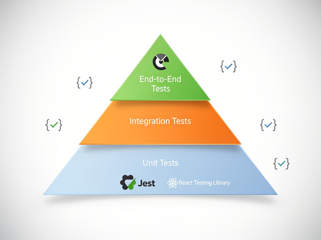 Testing pyramid diagram for React applications, showing unit tests at the base with Jest and React Testing Library, integration tests in the middle, and end-to-end tests at the top with Cypress, including icons for each testing tool and annotations about test quantity and speed at each level