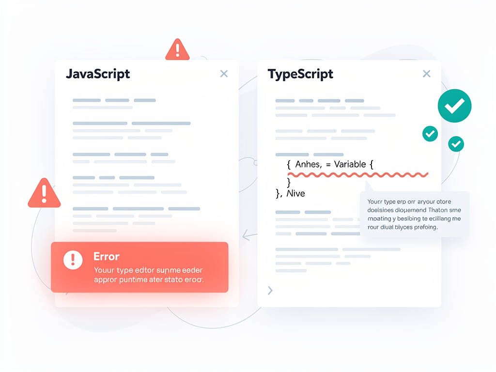 Side by side comparison showing JavaScript code on the left with a runtime error in the console, and TypeScript code on the right with the same error caught at compile time with a red underline in the editor