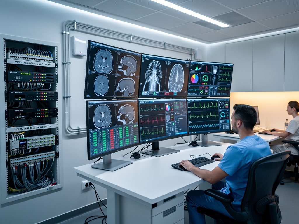 A healthcare facility control room with multiple medical imaging displays showing diagnostic images, operators monitoring patient data, critical care environment with specialized lighting and ergonomic workstations