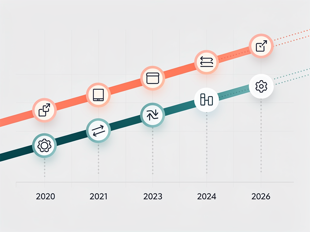 Timeline infographic showing the evolution of React Router and Next.js App Router from 2020 to 2026, with major version releases, feature additions, and architectural changes depicted with milestone markers and trend lines