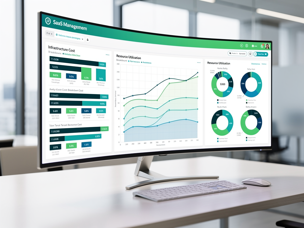 Dashboard showing cost analytics for a multi-tenant platform with charts displaying infrastructure costs by tenant, resource utilization trends, and profitability metrics, using a data visualization style with green and blue color coding