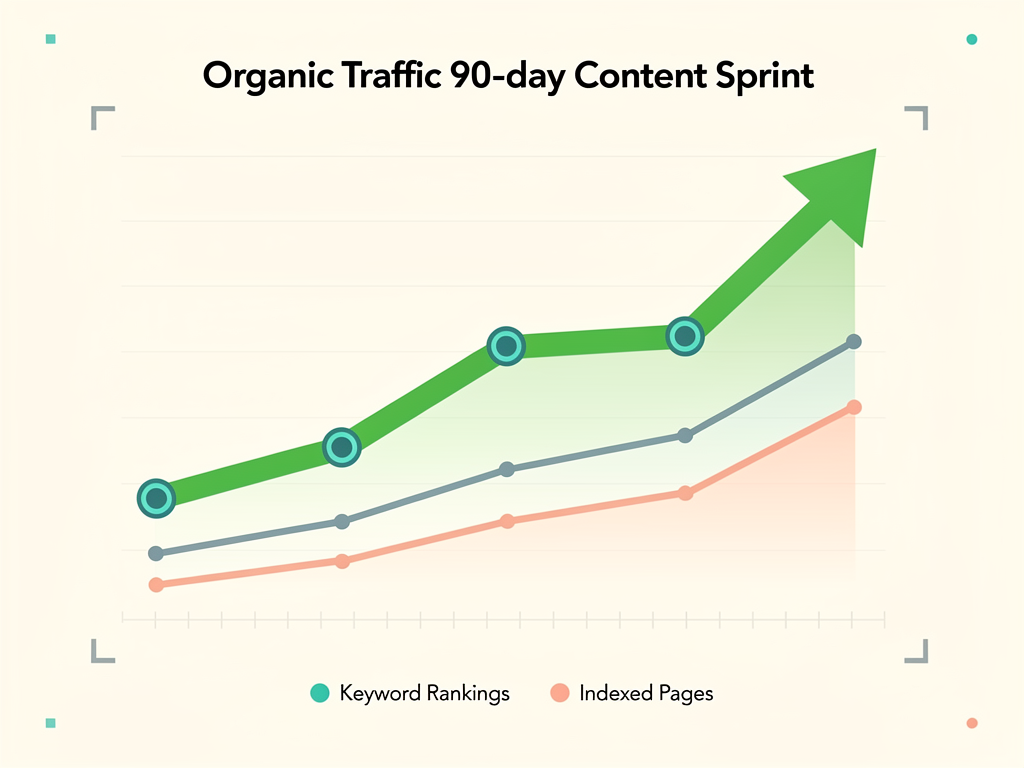 Growth chart visualization showing organic traffic increase over a 90-day content sprint period, with annotations marking content publication milestones, hockey stick growth curve in green, secondary metrics showing keyword rankings and indexed pages increasing proportionally, clean data visualization style