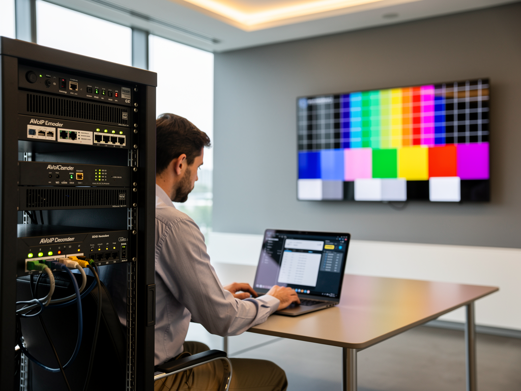 Conference room with a large format display showing a test pattern, while an AV technician uses a laptop to configure EDID settings on an AVoIP encoder mounted in a nearby equipment rack, natural daylight from windows complementing overhead lighting