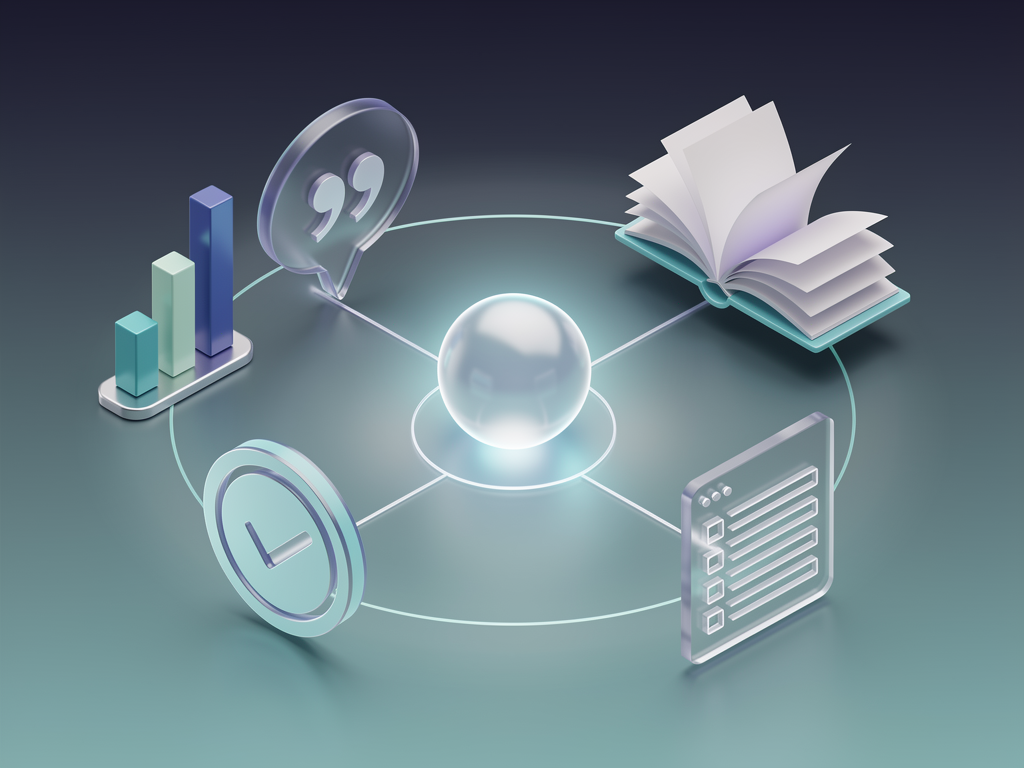 Infographic showing the characteristics of highly citable content including original research data, expert quotes, comprehensive topic coverage, clear structure, and authoritative sourcing, arranged in a circular diagram with examples of each characteristic