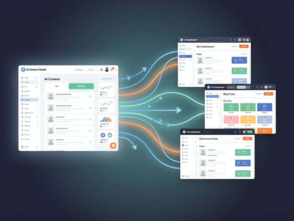 Split screen showing AI content platform interface on the left connected by animated arrows to WordPress, Shopify, and Webflow dashboards on the right, illustrating seamless one-click publishing integration across multiple CMS platforms