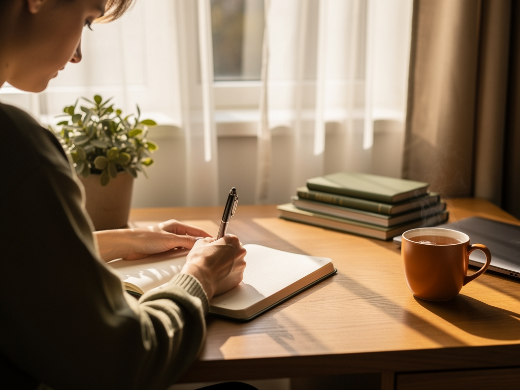 A person writing in a journal at a desk near a window, natural daylight illuminating the scene, surrounded by a calm and organised space suggesting mindful self-reflection and personal growth