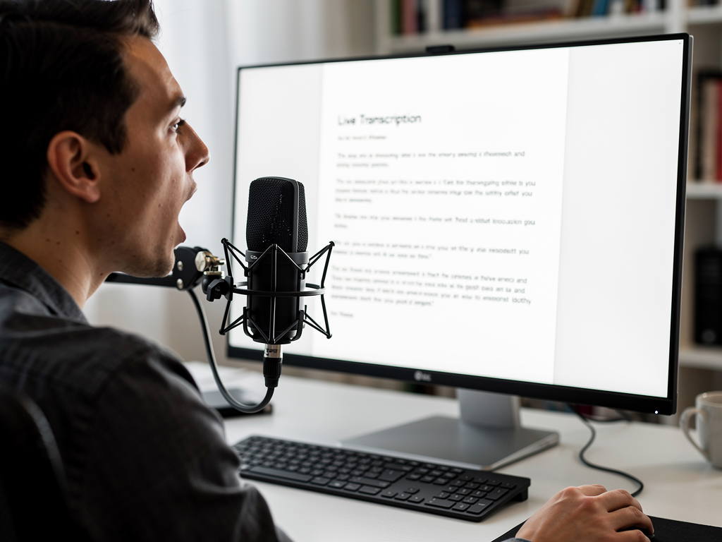 A person speaking into a microphone, with a computer screen displaying text appearing in real-time as they dictate.