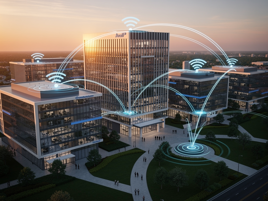 An architectural rendering showing a modern corporate campus with overlay graphics indicating AVoIP signal distribution paths between buildings, futuristic visualization style with clean lines and professional color scheme