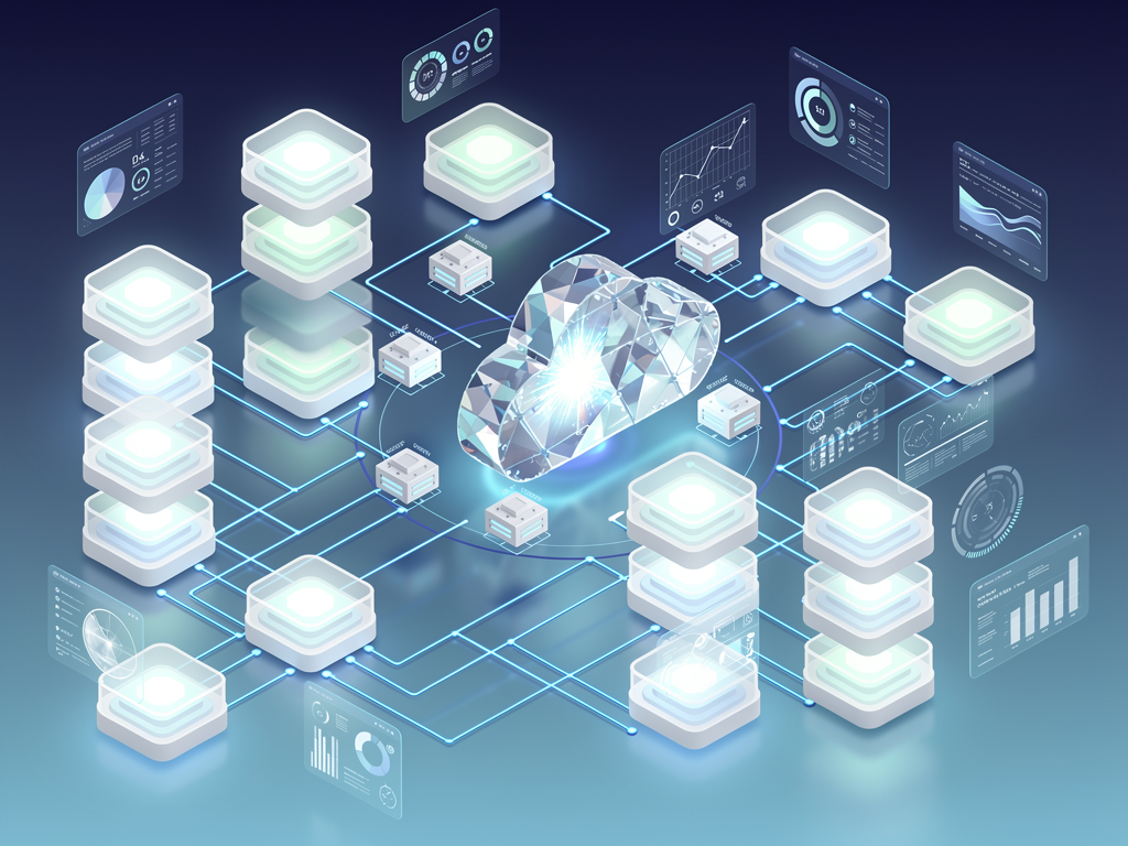 Modern cloud infrastructure dashboard showing multiple tenant instances with isolated data containers, real-time metrics displays, and interconnected microservices architecture visualization in a clean, professional interface with blue and white color scheme