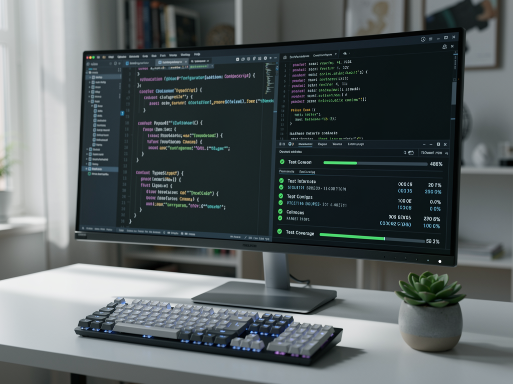 Code editor showing TypeScript configuration file with strict mode enabled, alongside a terminal window displaying successful test suite execution with coverage percentages, split-screen development environment layout