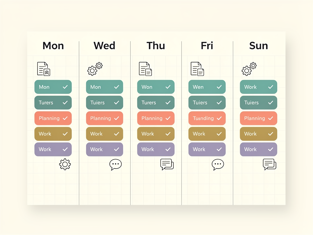 A weekly calendar view showing the first-week action plan for implementing an autonomous content system, with daily tasks color-coded by category including documentation, evaluation, configuration, and testing. The visualization provides a clear roadmap for structured implementation.