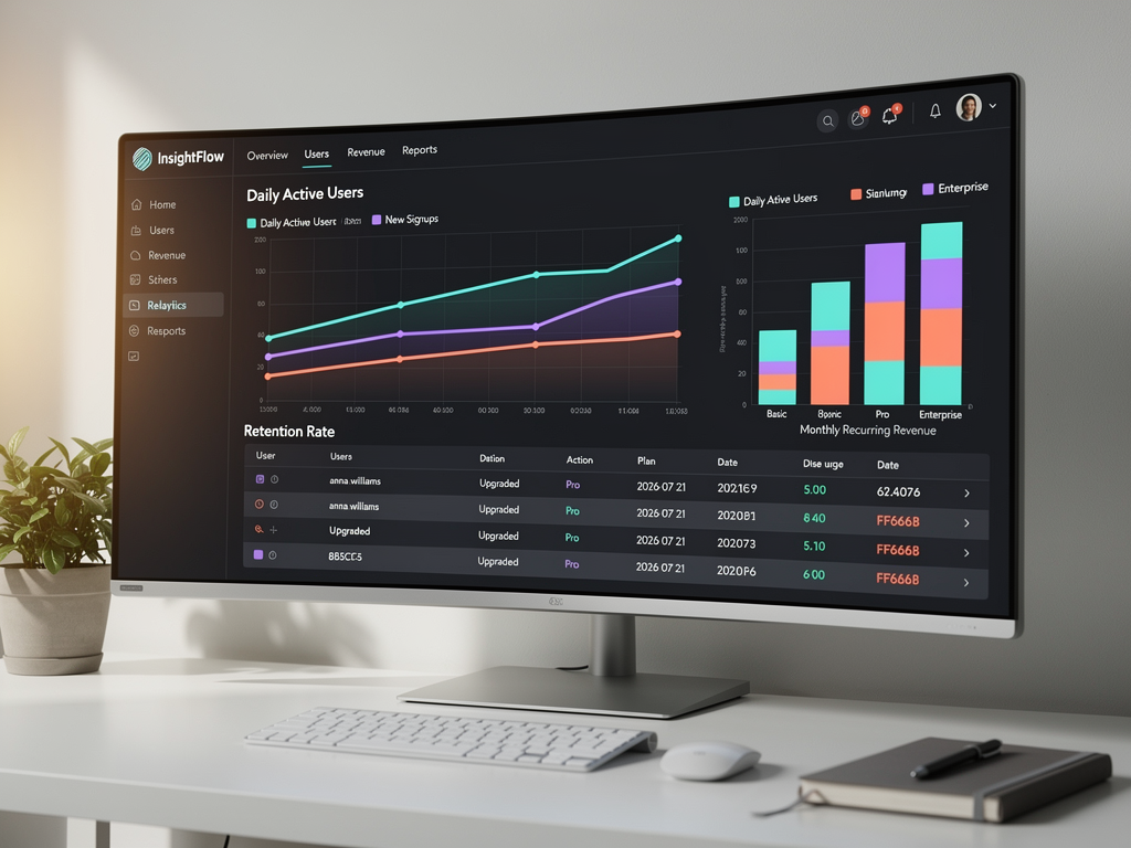 NextBuilder admin dashboard displaying real-time analytics with line charts showing daily active users, bar graphs for subscription revenue by tier, and a data table listing recent platform activity including new signups and app creations