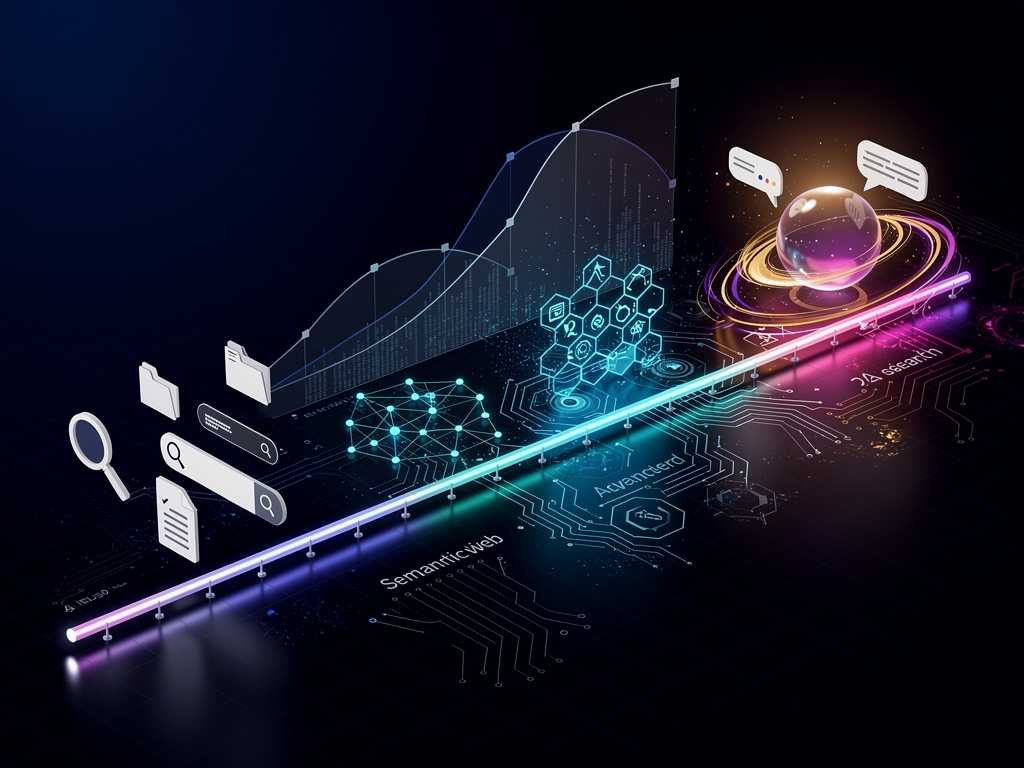 Futuristic visualization of search evolution showing the progression from keyword-based search through semantic search to AI-mediated conversational discovery, with projected adoption curves and key technological milestones marked along the timeline