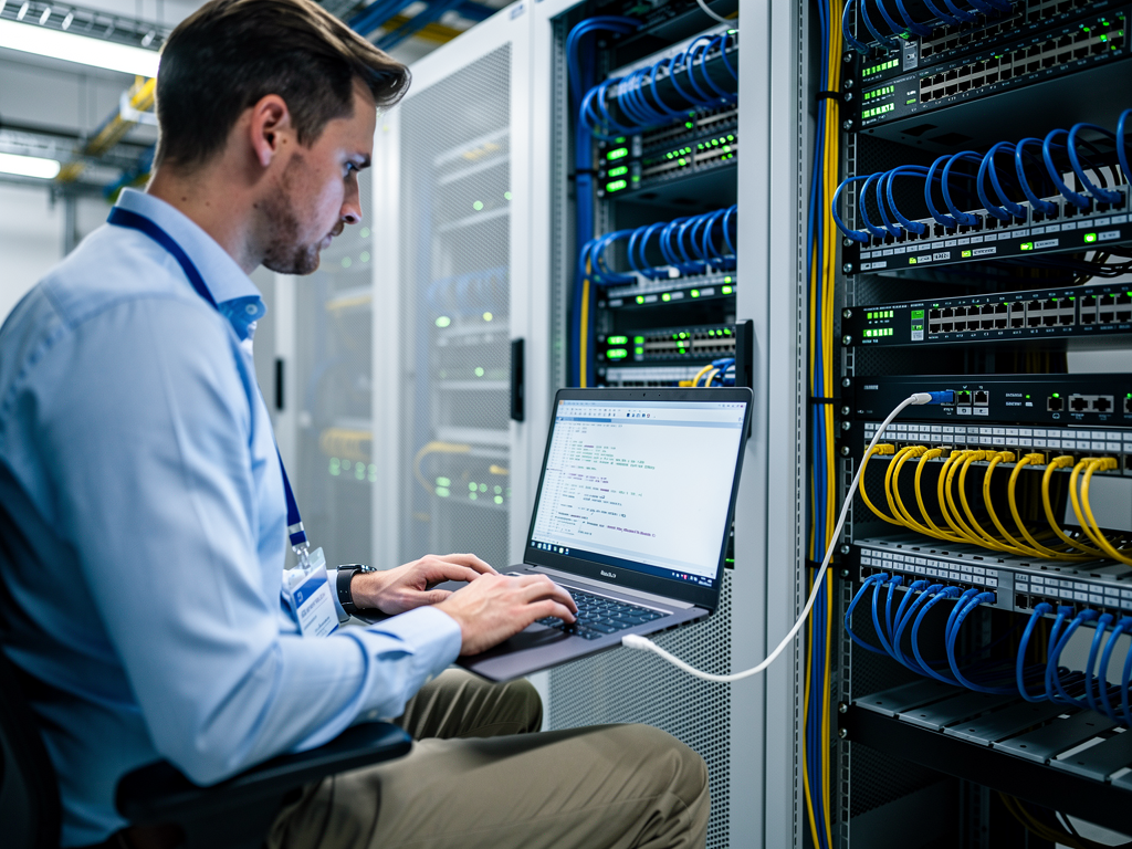 A network administrator configuring switch settings on a laptop connected to rack-mounted equipment, terminal window showing VLAN and QoS configuration commands, professional data center environment with organized cabling and proper lighting