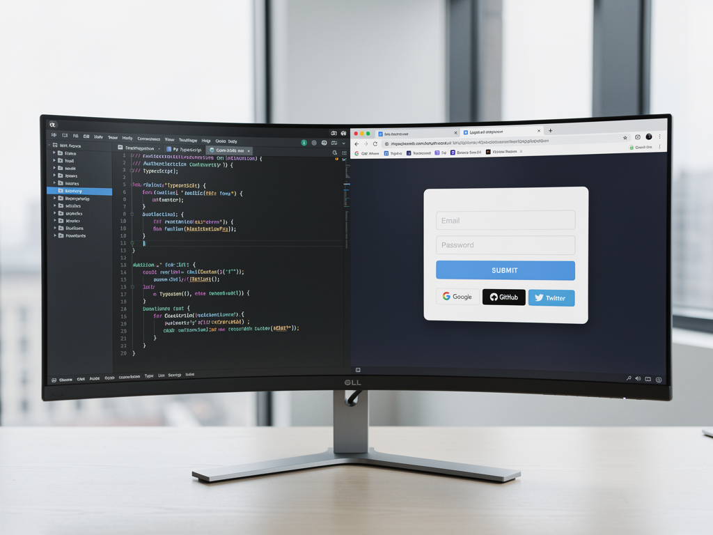 Split-screen comparison showing a developer's code editor with Better Auth TypeScript configuration on the left side and Clerk's pre-built authentication UI components on the right side, both displayed on a modern monitor setup in a well-lit office environment with soft natural lighting