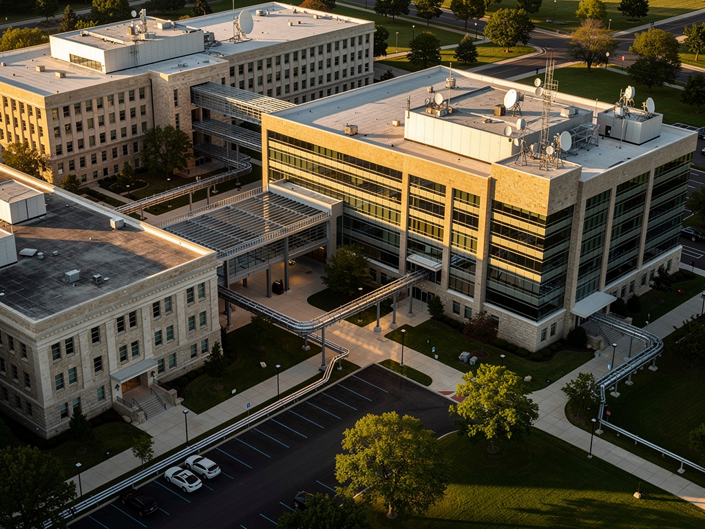 An aerial view of a government campus showing multiple buildings connected by secure network infrastructure, late afternoon lighting casting long shadows, conveying the scale and interconnected nature of modern government AV systems