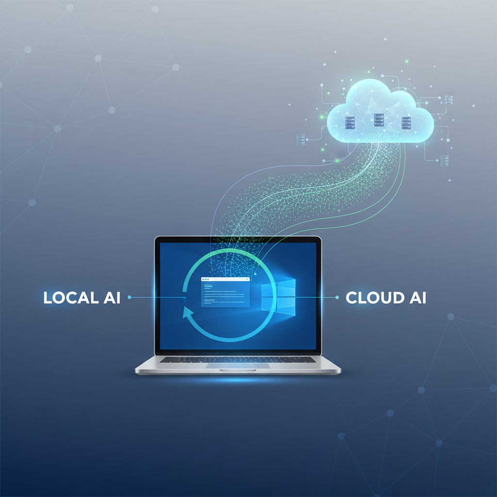 A diagram illustrating the flow of data for local processing versus cloud processing, with local processing showing data staying on the device and cloud processing showing data leaving the device