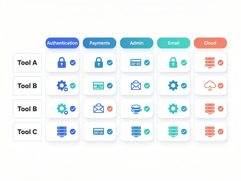 Comparison chart showing features included in different SaaS boilerplate tiers, with checkmarks and icons indicating authentication methods, payment integrations, admin panels, email systems, and deployment options, styled as a clean feature matrix infographic