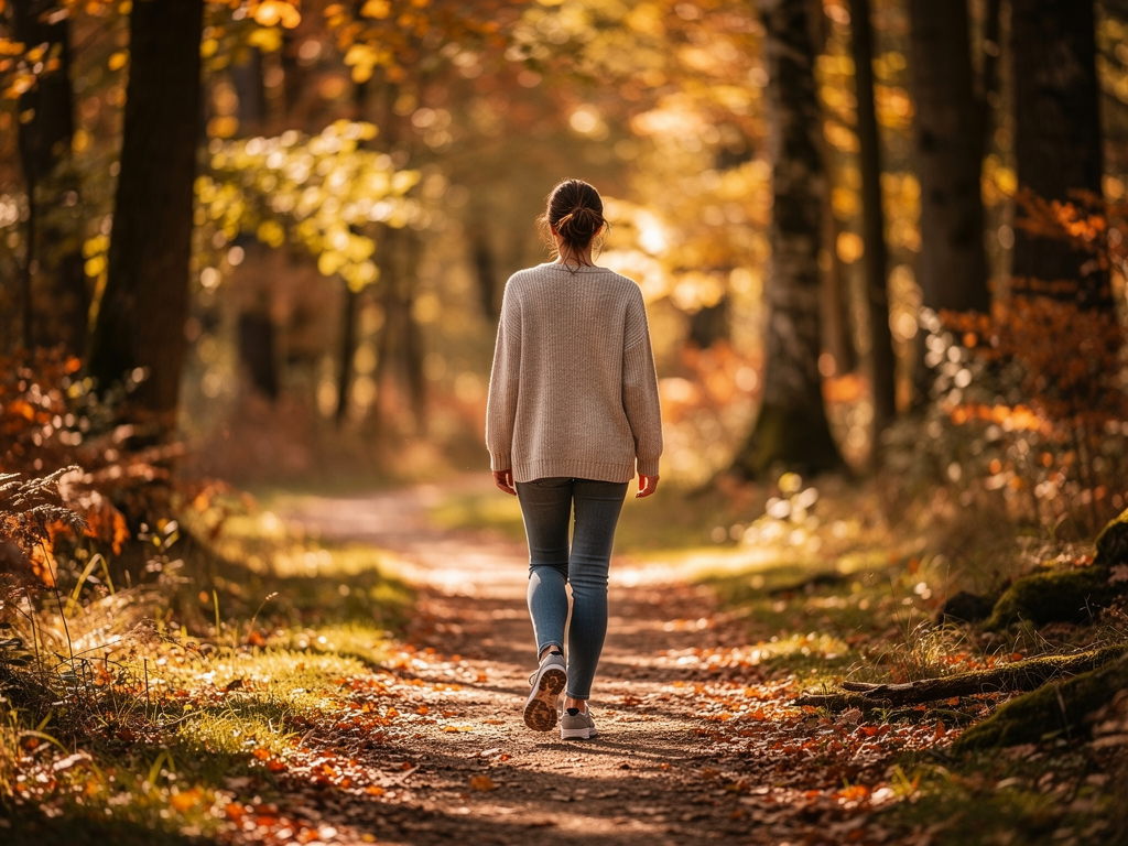 A person walking alone on a peaceful woodland path in autumn, golden sunlight filtering through the trees, fallen leaves on the ground, representing the journey of self-discovery and gradual progress in therapy