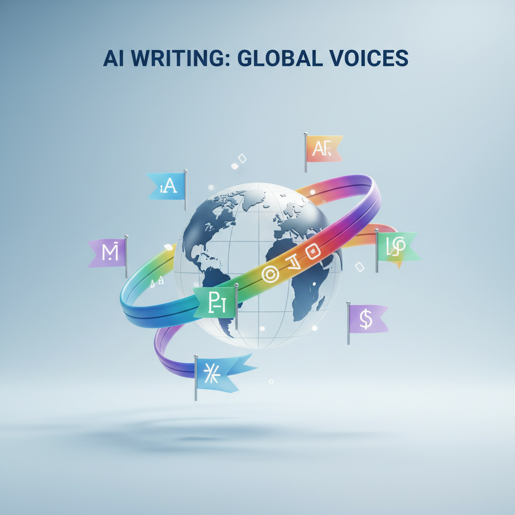 A globe icon surrounded by multiple language flags, representing multi-language support in AI writing tools