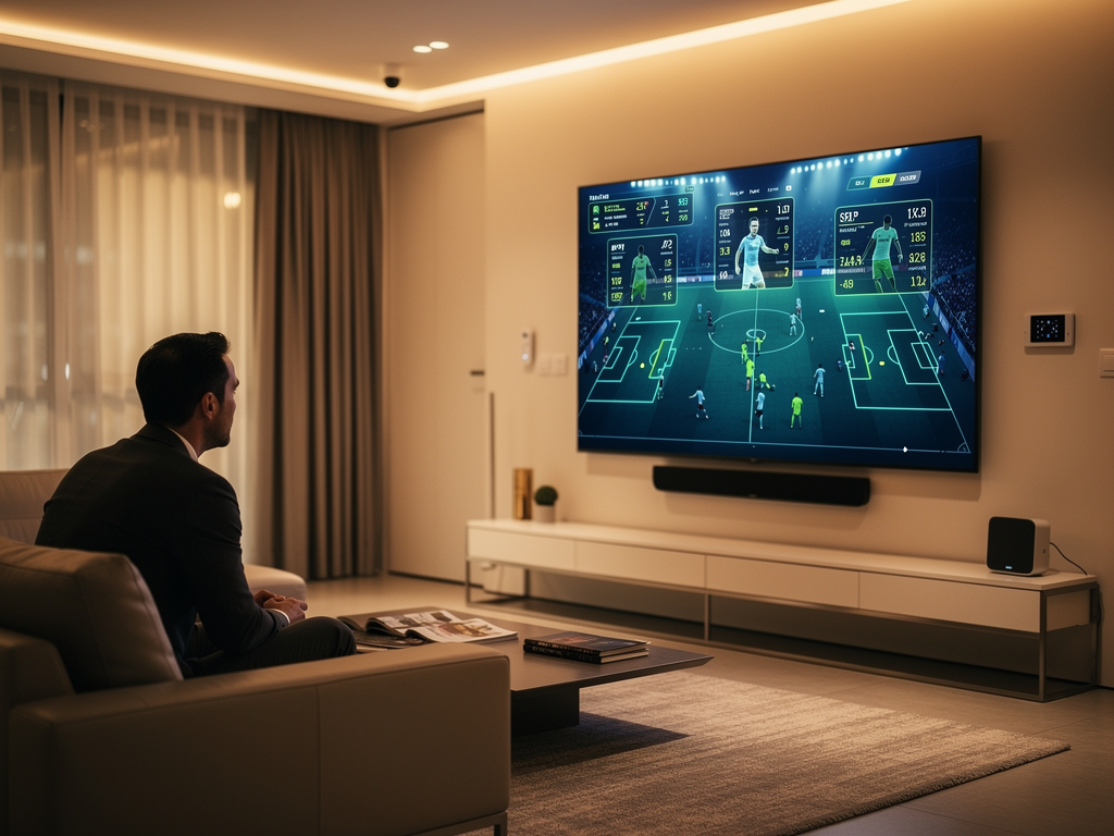 A viewer experiencing an augmented reality sports broadcast on a large home display, with player statistics and tactical information overlaid on the live action. The immersive presentation demonstrates the possibilities enabled by AVoIP infrastructure.