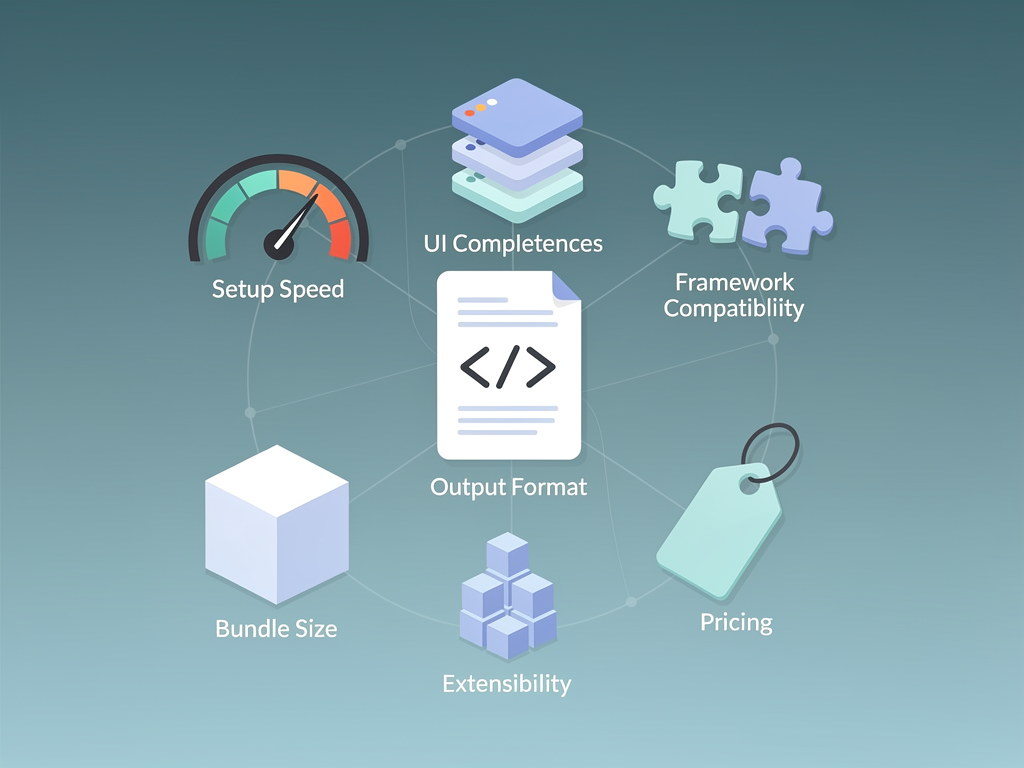 Clean infographic illustrating the seven key evaluation criteria for rich text editors: setup speed, UI completeness, framework compatibility, output format, bundle size, extensibility, and pricing, each represented by a distinct icon in a modern data visualization style
