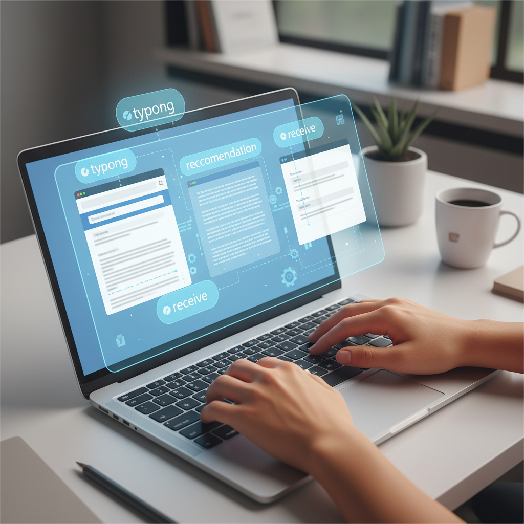 A user typing on a laptop with an overlay showing autocorrection in action across various Windows applications like a web browser, a text editor, and an email client, demonstrating system-wide functionality.