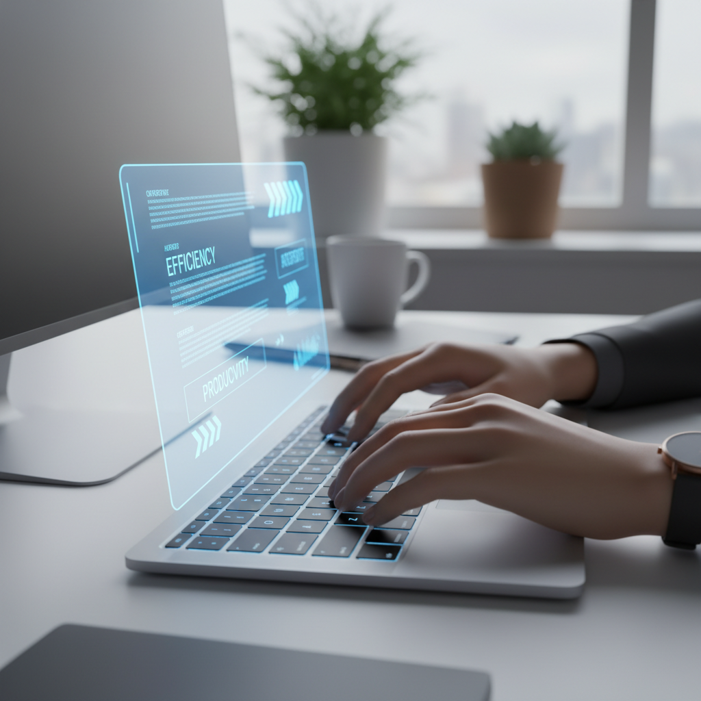 A close-up, high-angle shot of a person's hands typing rapidly on a modern, backlit laptop keyboard, with a holographic, translucent overlay above the keyboard displaying predictive text suggestions and autocorrection in a futuristic, glowing blue interface, emphasizing speed and efficiency in a professional office setting, soft, ambient lighting, digital illustration.