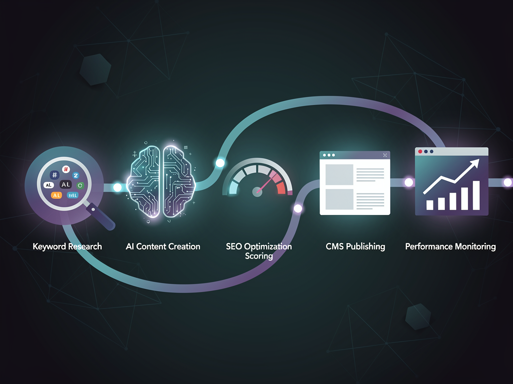 Flowchart diagram showing an ideal AI SEO tech stack with keyword research feeding into content creation, optimization scoring, CMS publishing, and performance monitoring in a connected workflow