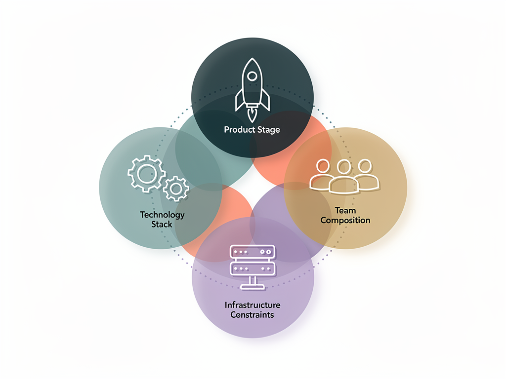 Clean infographic displaying four interconnected circles representing product stage, technology stack, team composition, and infrastructure constraints, with icons and brief descriptions for each consideration area, rendered in a modern data visualization aesthetic