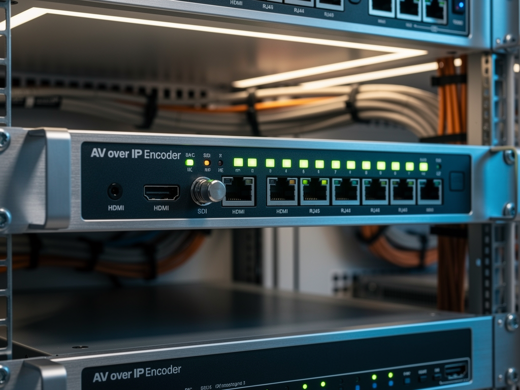 Close-up view of an AV over IP encoder unit mounted in a professional rack, showing HDMI and SDI input connections, network ports with active link lights, and front panel status indicators in a well-organized equipment room with cable management