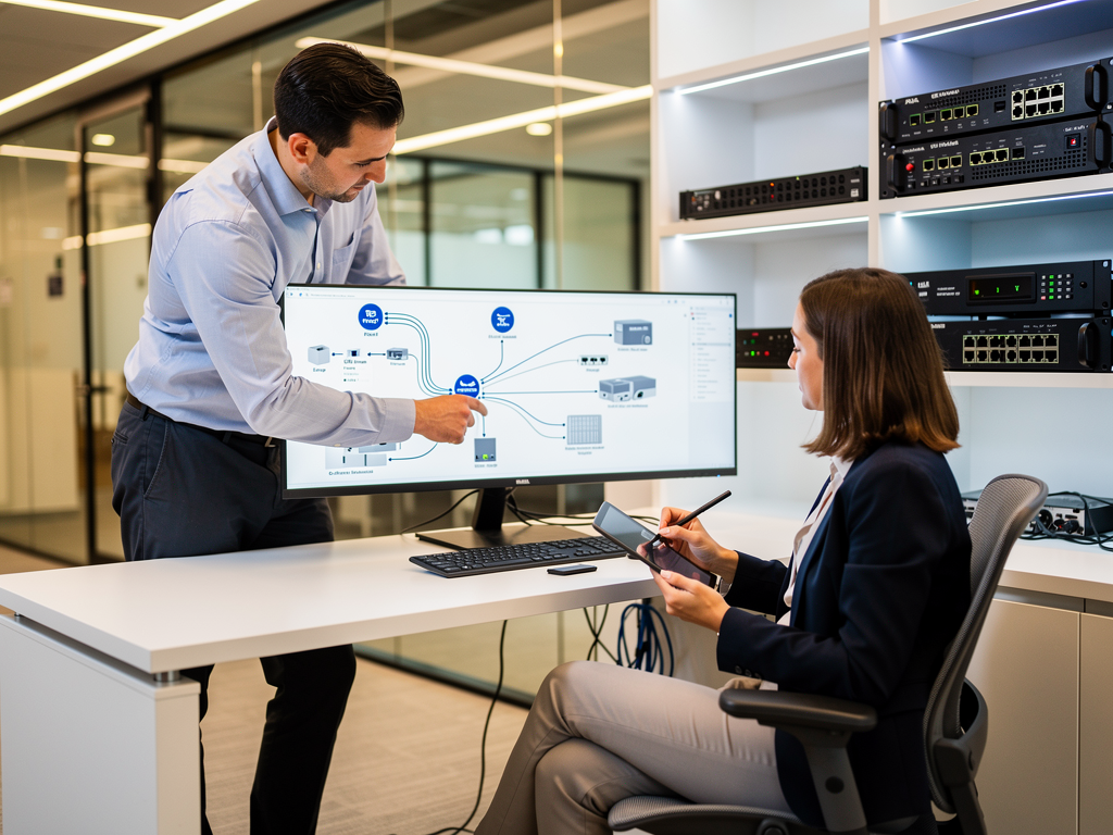 A modern AV integration company office with engineers collaborating around workstations displaying AVoIP system designs, product samples visible on shelves, bright contemporary workspace with glass partitions