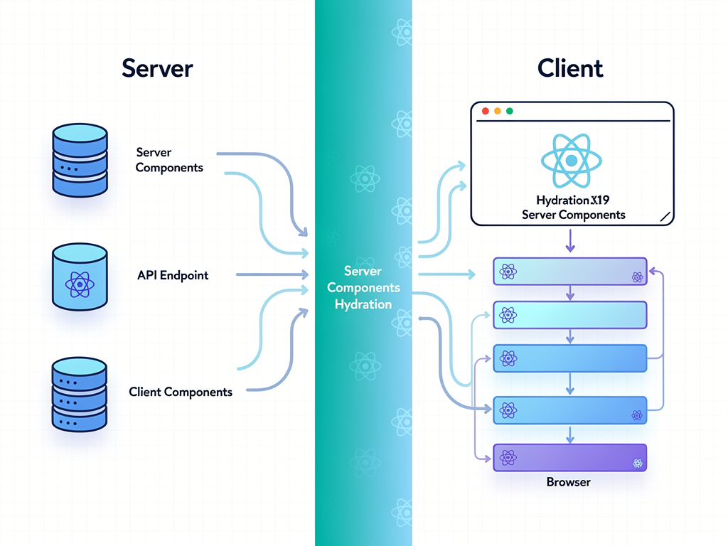 Architecture diagram showing the relationship between React Server Components and Client Components, with arrows indicating data flow from server to client, rendering phases, and hydration process in a modern infographic style
