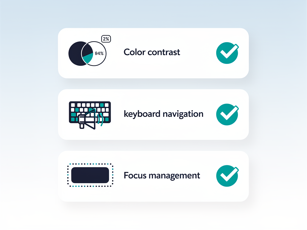 Infographic checklist showing WCAG AA accessibility requirements for SaaS applications, including color contrast ratios, keyboard navigation paths, screen reader compatibility markers, and focus management indicators, displayed with checkmark icons and clear visual hierarchy