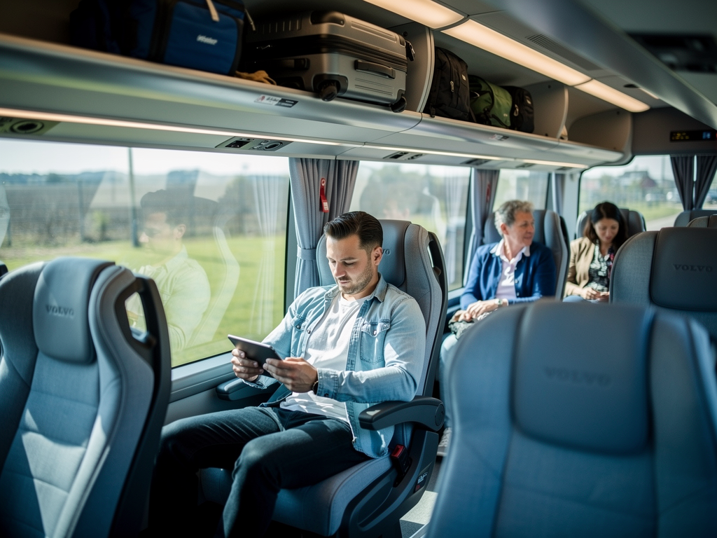 Passenger comfortably seated inside an air-conditioned Volvo bus, reading on a tablet device, luggage stored overhead, other travelers visible in background, natural light through tinted windows