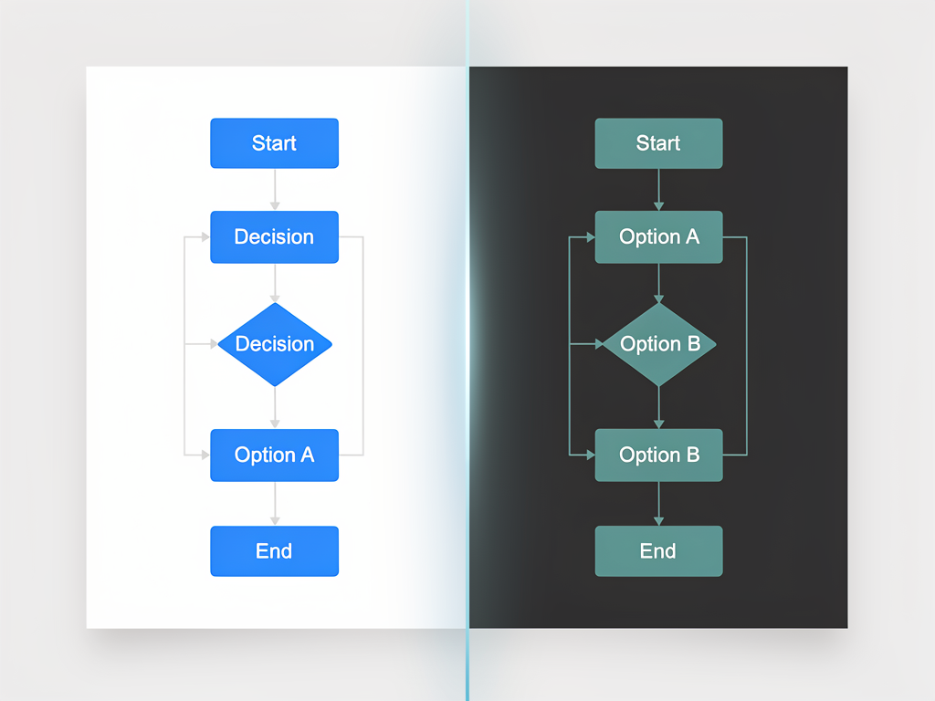 Side-by-side comparison of the same flowchart diagram rendered with light theme on left showing white background with blue nodes, and dark theme on right showing dark gray background with lighter blue nodes, demonstrating proper contrast and readability in both modes