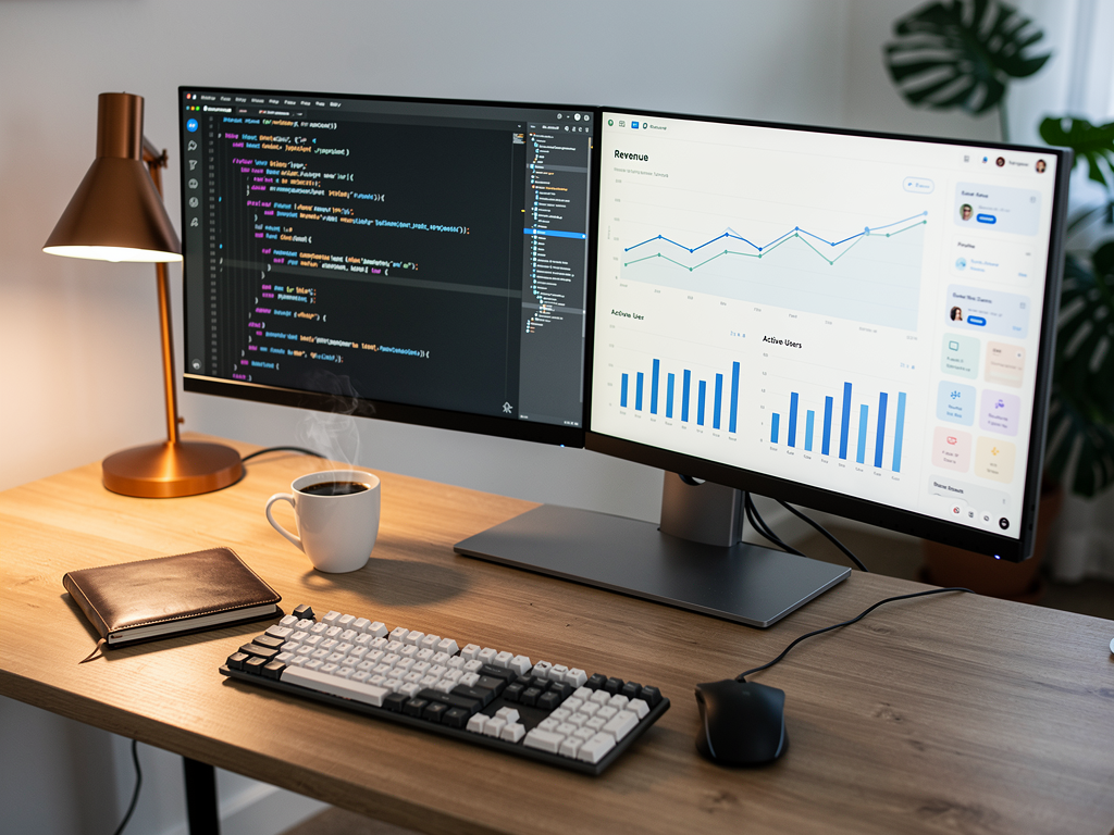 Modern software development workspace showing a developer's dual monitor setup with Next.js code editor on one screen and a SaaS dashboard interface on the other, warm ambient lighting, clean minimal desk organization with coffee cup and notebook, professional photography style