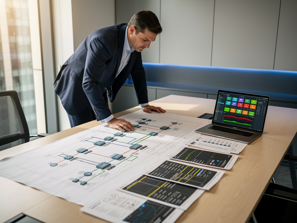 AV consultant reviewing building blueprints and network diagrams spread across a conference table, natural daylight streaming through windows, professional setting with laptop displaying infrastructure mapping software and cable documentation visible