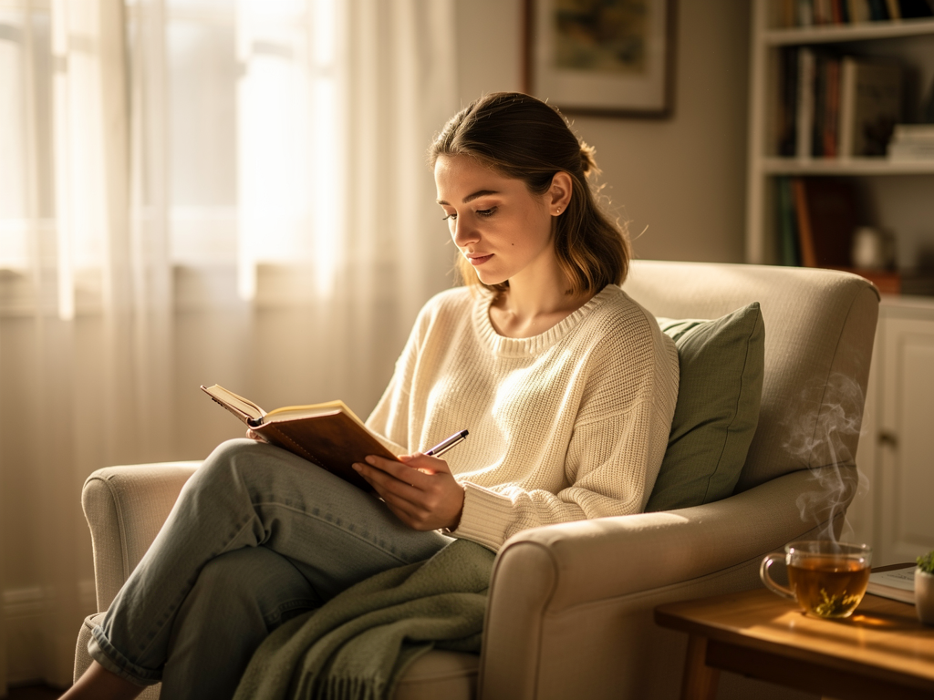 A person sitting peacefully by a window in soft morning light, looking contemplative yet calm, with a journal and cup of tea nearby, representing the beginning of a self-help journey for anxiety management