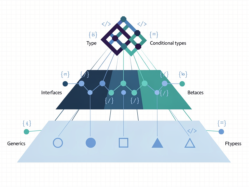 Infographic showing TypeScript feature hierarchy with interfaces at the base, generics in the middle, and advanced types like conditional types and mapped types at the top, using clean icons and connecting lines to show relationships