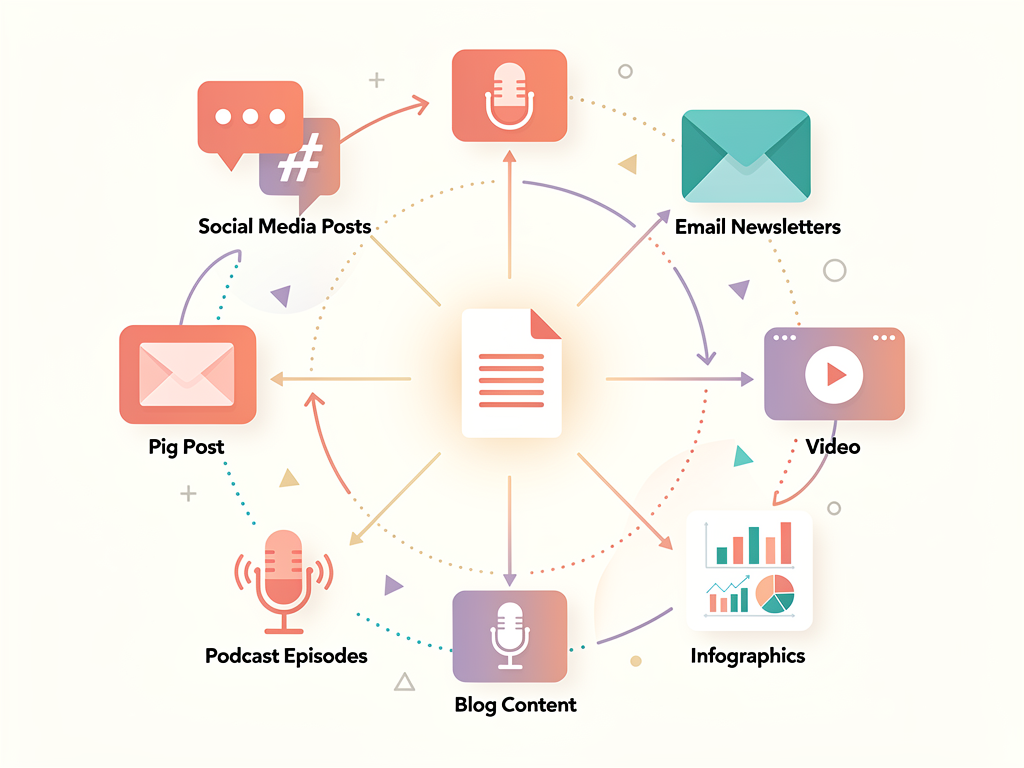 Flowchart diagram showing content repurposing workflow, starting with a central blog post icon that branches out to social media posts, email newsletters, video content, podcast episodes, and infographics, connected by arrows indicating automated transformation processes, modern flat design style with gradient colors