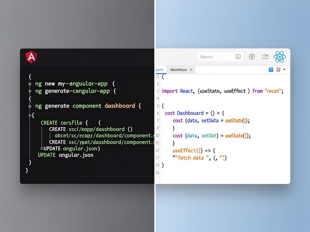 Split-screen visualization showing Angular CLI terminal output on the left with structured file generation, and React component code on the right with hooks syntax, demonstrating the different development workflows with clean iconography