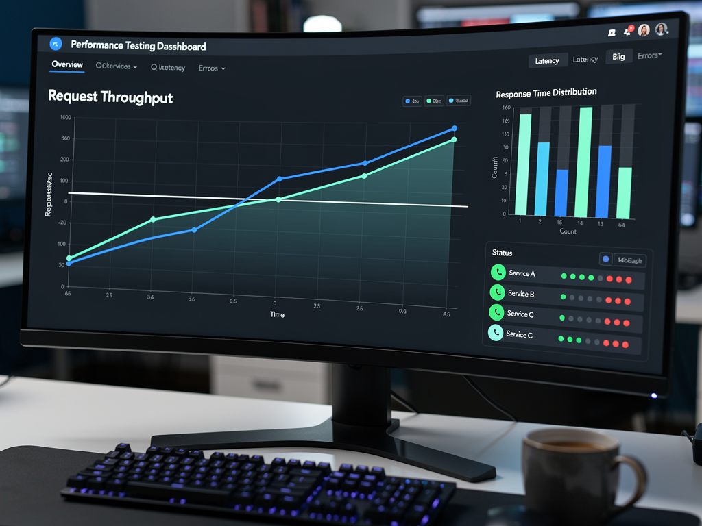 Load testing results visualization showing request throughput graph with rate limit threshold line, response time distribution histogram, and error rate chart during rate limit testing scenario with green and red indicators