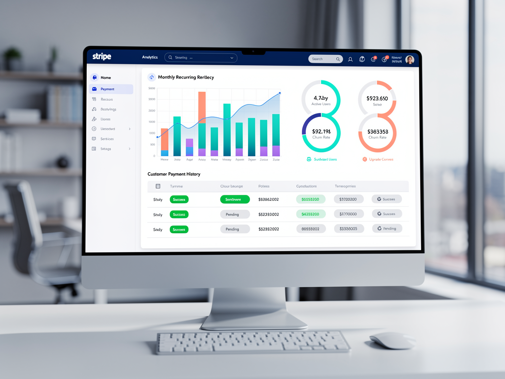 Stripe dashboard integration mockup showing subscription analytics, monthly recurring revenue charts, and customer payment history within a Next.js admin panel, with clean data visualization and payment status indicators