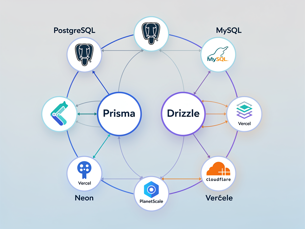 Ecosystem diagram showing Prisma and Drizzle at the center with connecting lines to various database providers, cloud platforms, and integration tools, rendered as a network graph with icons for PostgreSQL, MySQL, Neon, PlanetScale, Vercel, and Cloudflare in a clean infographic style