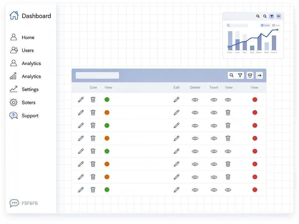 A comprehensive SaaS admin dashboard featuring Lucide icons throughout the interface. The sidebar navigation shows icons for dashboard, users, analytics, settings, and support sections. The main content area displays data tables with action icons, status indicators with colored circle icons, and chart controls with zoom and filter icons. The design uses a professional color scheme with clear visual hierarchy.