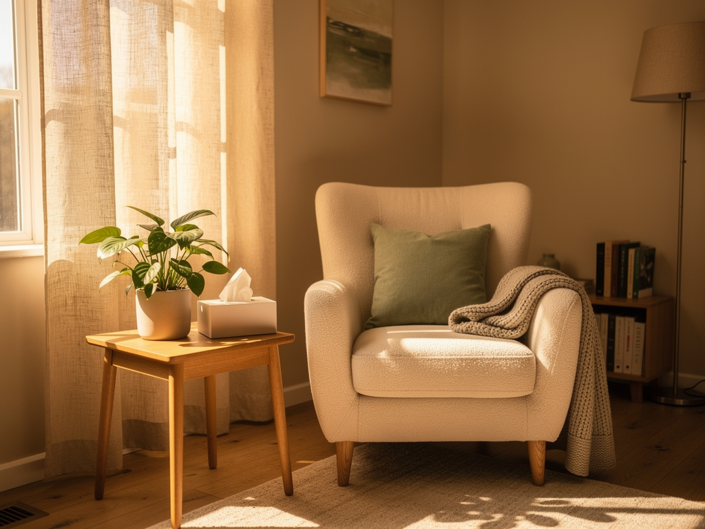 A person sitting in a comfortable therapy room with soft natural lighting streaming through a window, warm neutral tones creating a safe and welcoming atmosphere, a tissue box and plant visible on a side table suggesting a supportive counselling environment