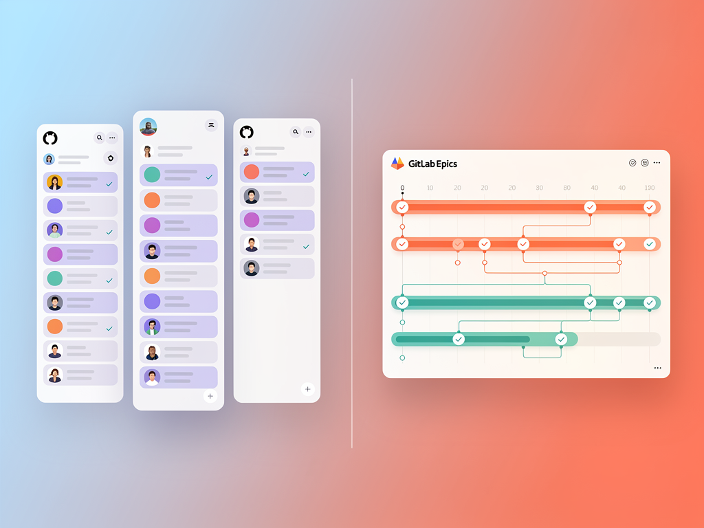 Project management interface comparison showing GitHub Projects board view with cards and columns on the left, and GitLab's epic roadmap timeline view on the right, both displaying sample SaaS development tasks with status indicators and team member avatars